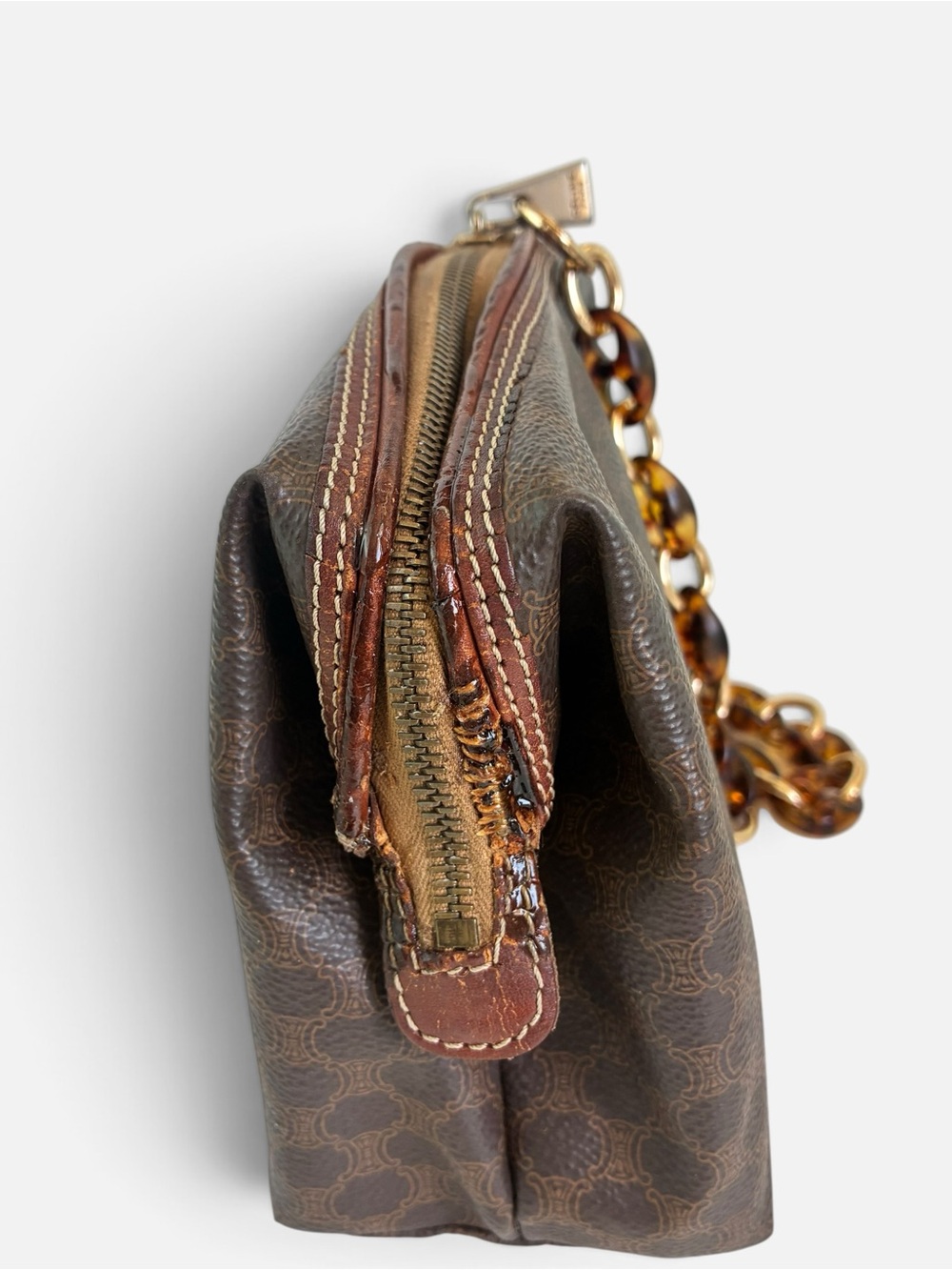 Celine Brown Logo-Print Shoulder Bag with Tortoiseshell Chain - Picture 8 of 11